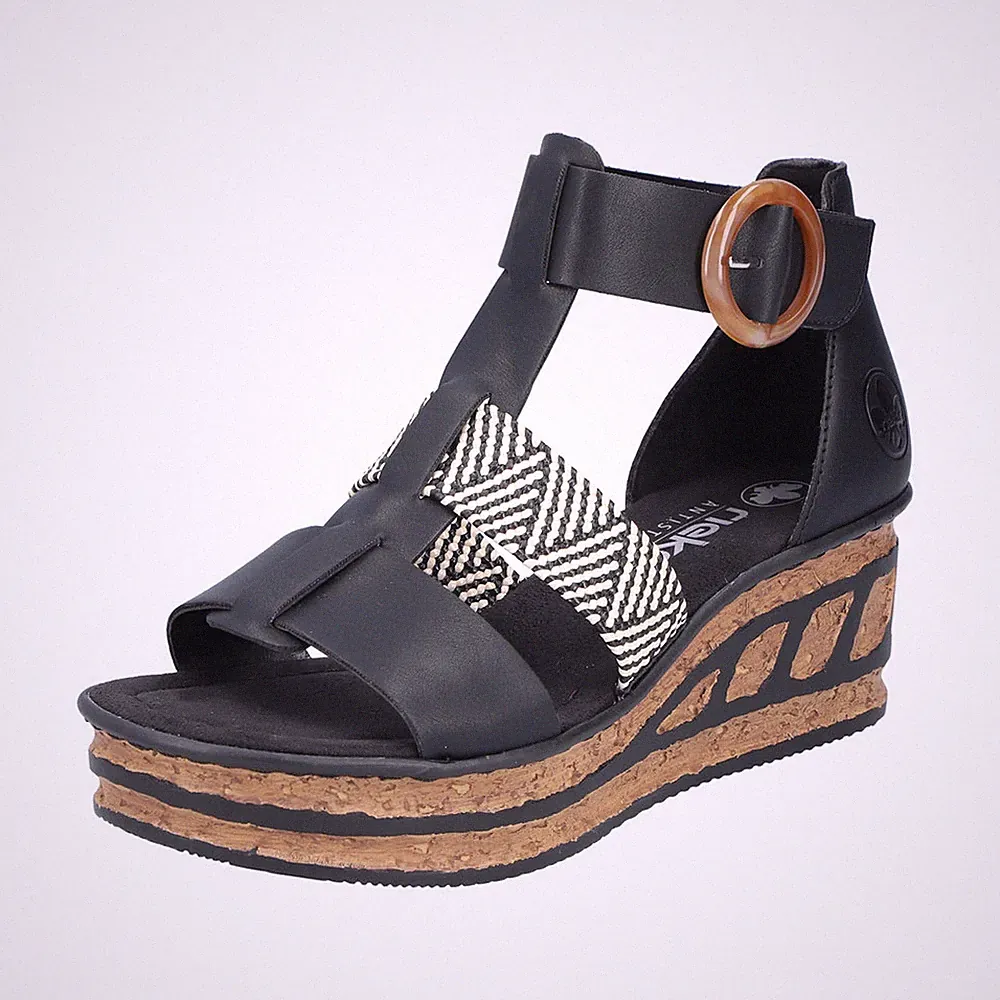 Rieker Damen Sandalette mit T-Riemen und Keilabsatz in Korkoptik 68182