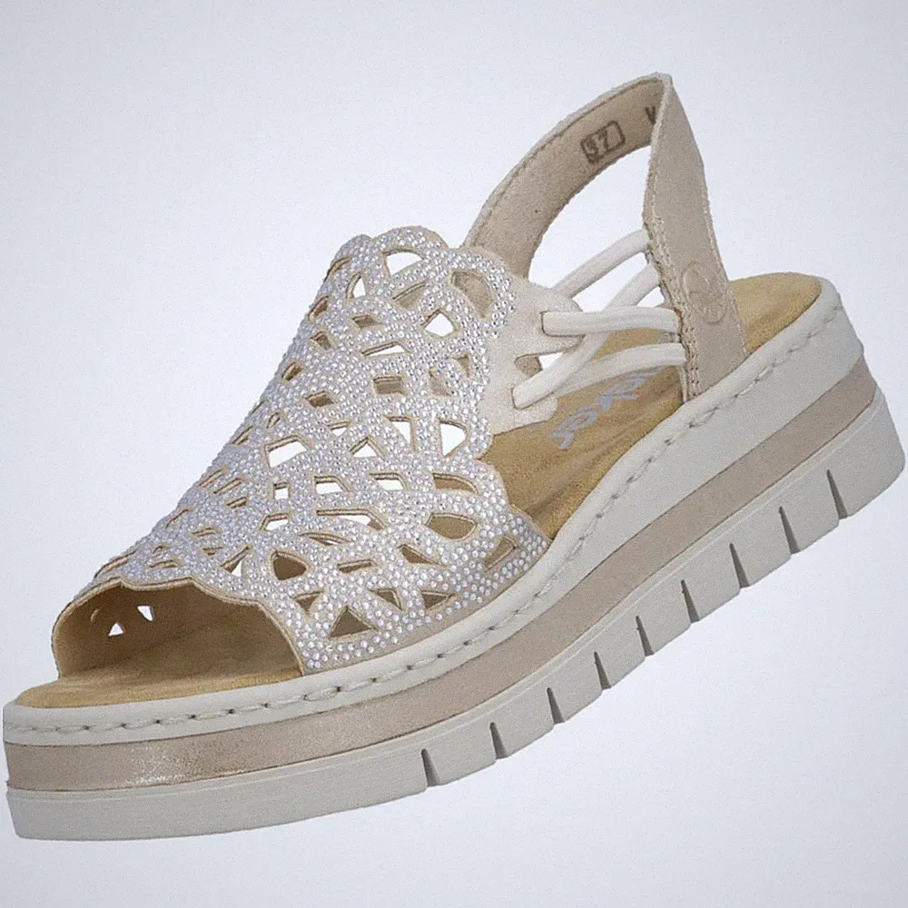 Rieker Damen Sandalette Sandale Beige V4941-60 Plateau Komfort Strass