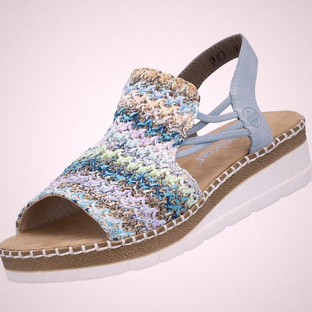 Rieker Damen Sandalette Sandale Blau Bunt V1241-91 Keilabsatz