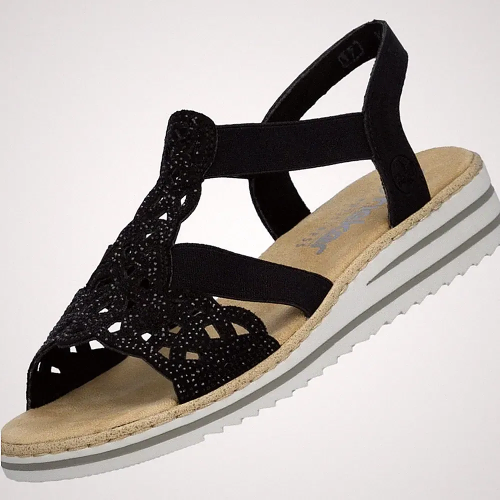 Rieker Damen Sandalette Sandale Schwarz V0646-00 Komfort Keilabsatz Strass
