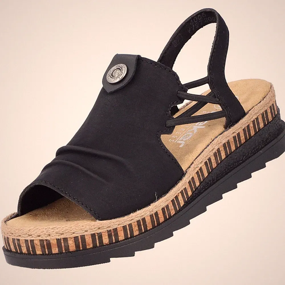 Rieker Damen Sandalette Sandale Schwarz V7972-00 Keilabsatz Plateau