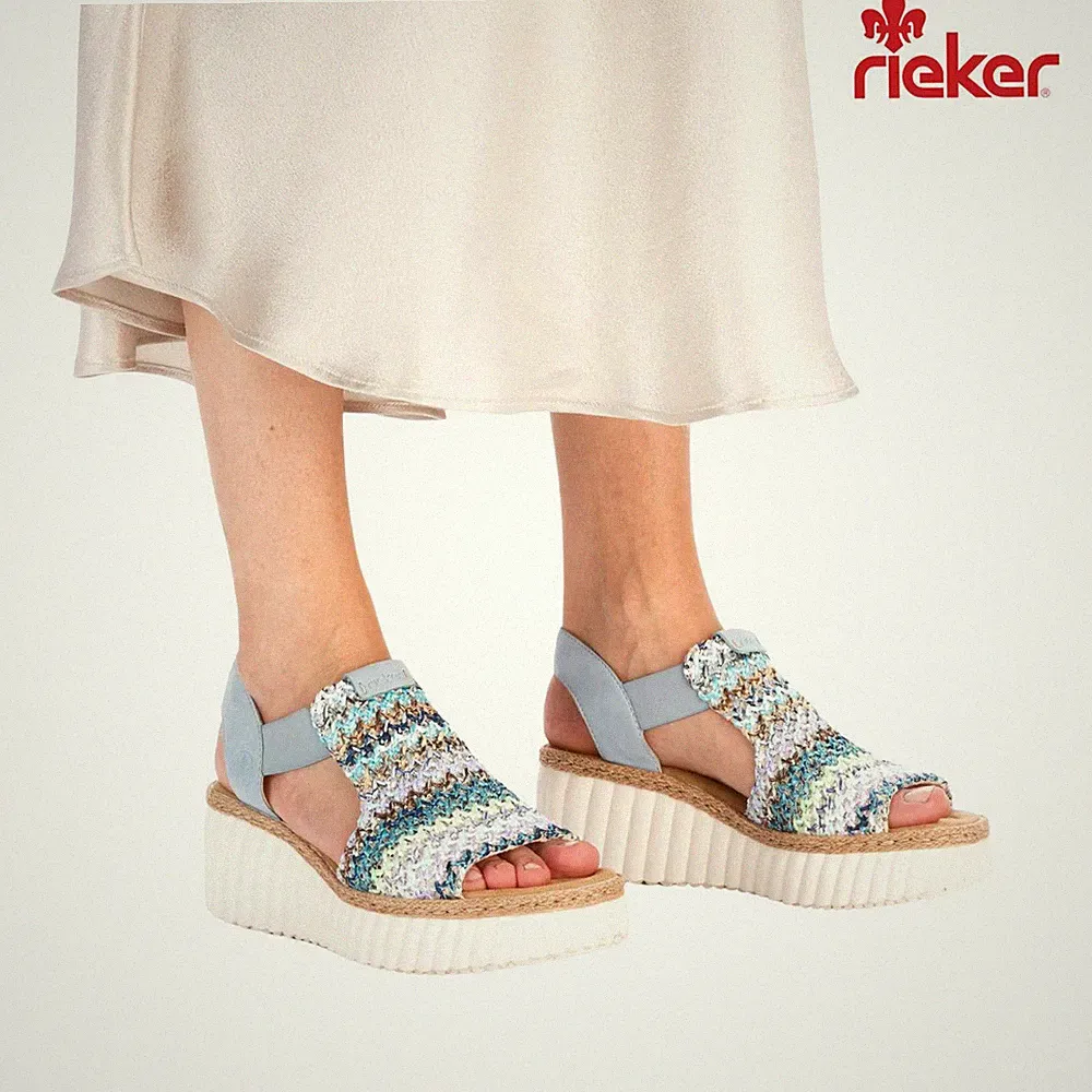 Rieker Damen Slingback Sandalen blau bunt Plateau leicht Damen 69172
