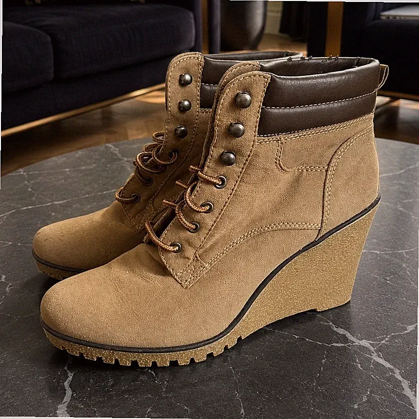 Rieker Damen Stiefeletten Wildleder Beige Schnürung Keilabsatz EU 39