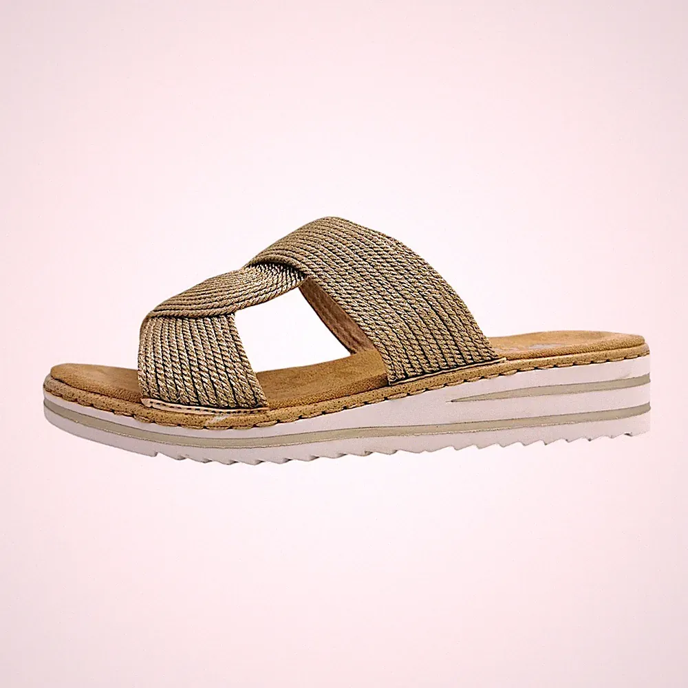 Rieker Damenschuhe Sandalen Flach Pantolette Gold Freizeit