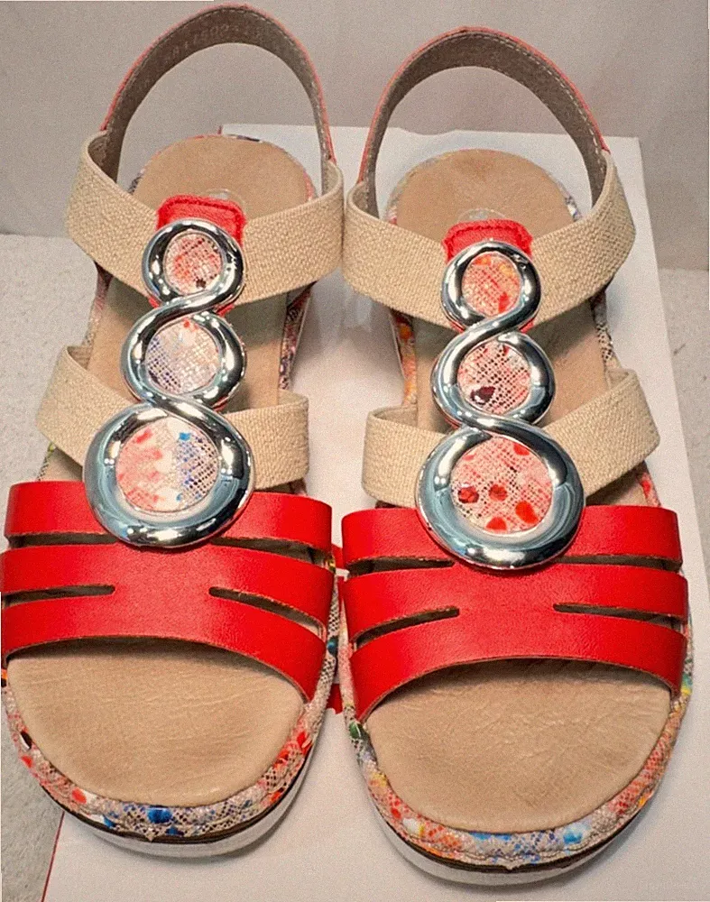Rieker Kunstleder Sandalen UK 3,5 / EU 36 679L4 rot Keilabsatz Gummizug