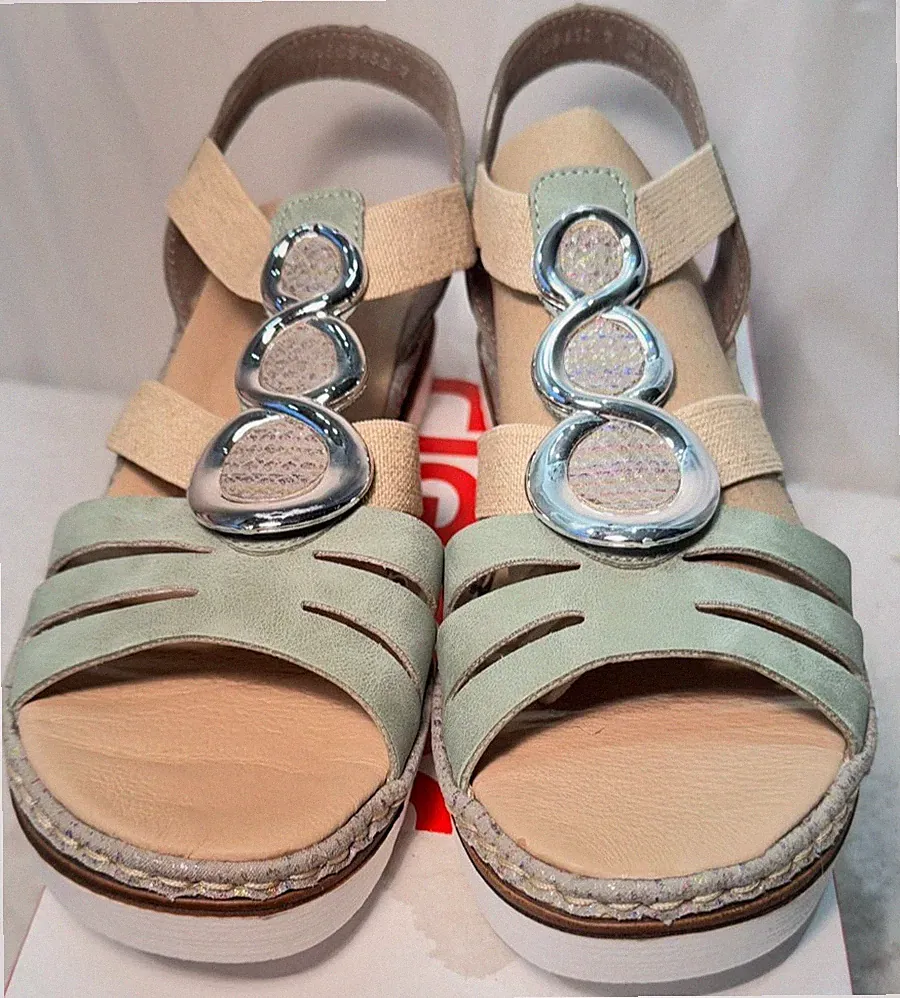 Rieker Kunstleder Sandalen UK 3,5 / EU 36 grün 679L4 Keilabsatz Gummizug