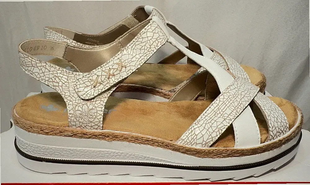 Rieker Leder Sandalen UK 6,5 / 40 V7919 weiß offene Zehenpartie Keilabsatz Fesselriemchen