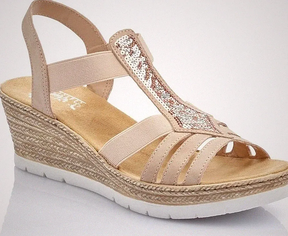 Rieker Morelia Damen Beige Keilabsatz Ledersandalen Peeptoe Freizeit 61913-31