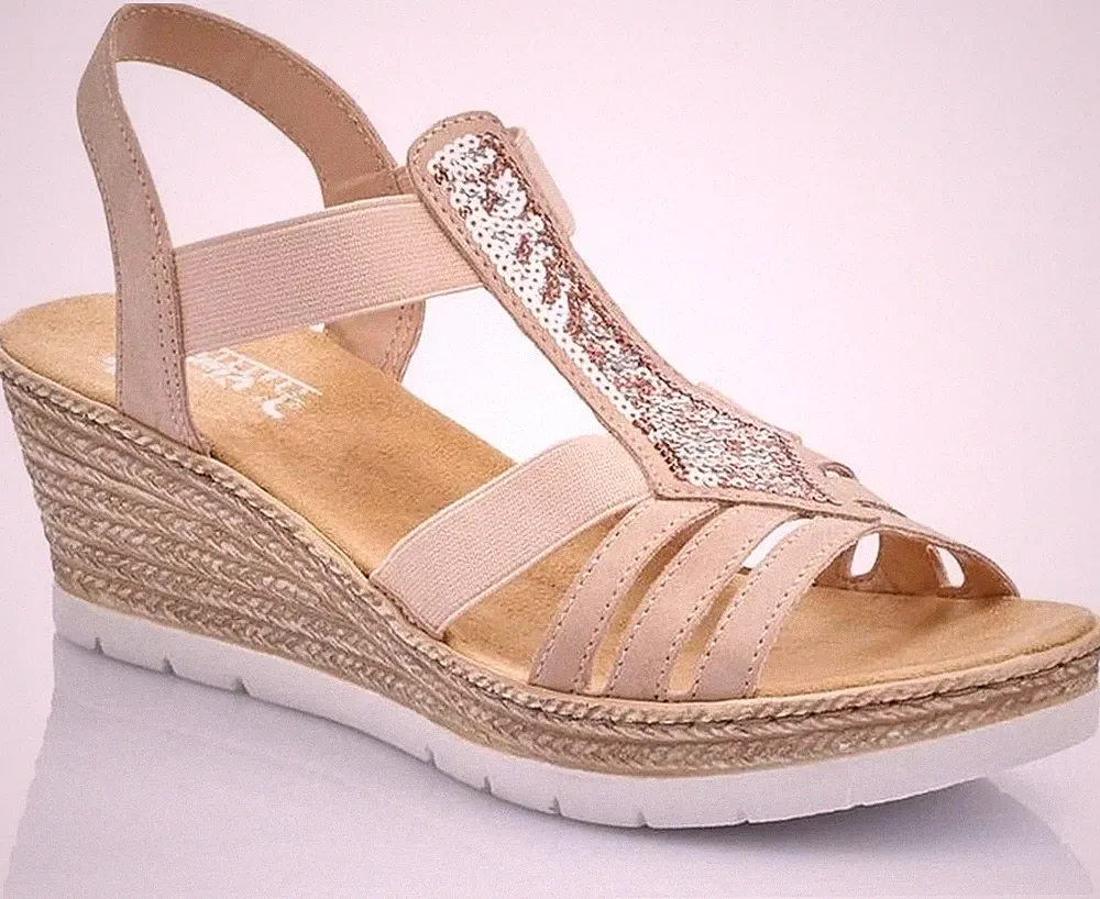 Rieker Morelia Damen Beige Keilabsatz Ledersandalen Peeptoe Freizeit 61913-31