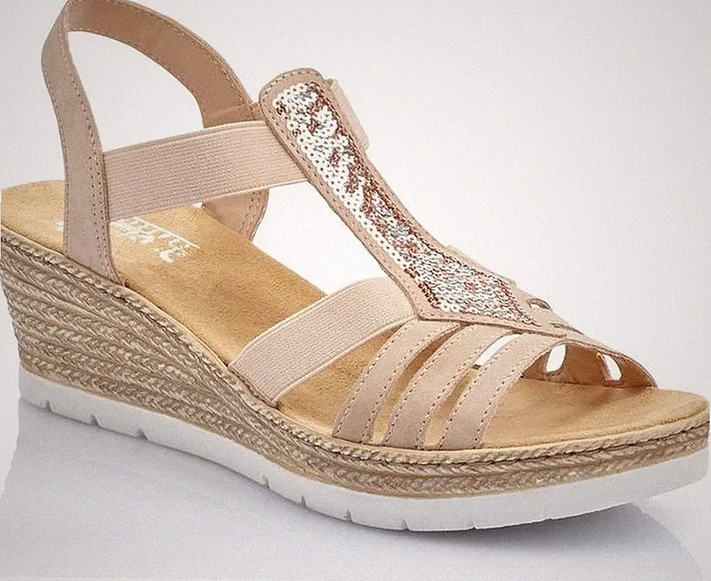 Rieker Morelia Damen Beige Keilabsatz Ledersandalen Peeptoe Freizeit 61913-31