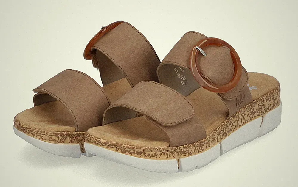 Rieker Pantolette Beige Slipper Schlappen Plateau Keilabsatz Sandale Hausschuh