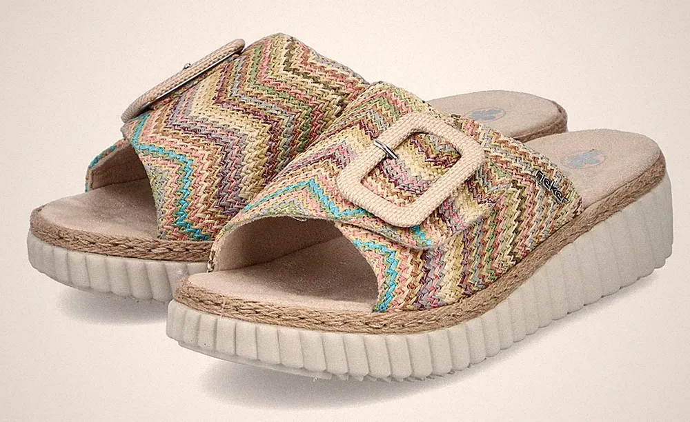 Rieker Pantolette Beige Textil Schlappen Slipper Hausschuh Sandale Extraweit