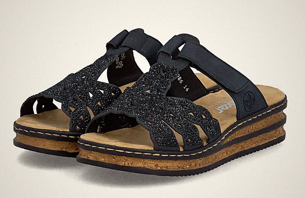 Rieker Pantolette Blau Schlappen Slipper Sandale Keilabsatz Klettverschluss