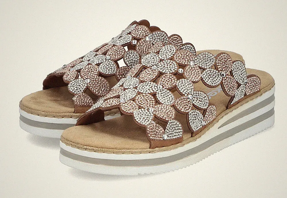 Rieker Pantolette Braun Glitzer Schlappen Slipper Sandale Keilabsatz Freizeit