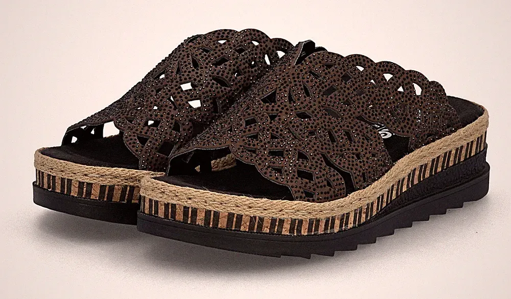 Rieker Pantolette Braun Glitzer Schlappen Slipper Sandale Plateau Keilabsatz