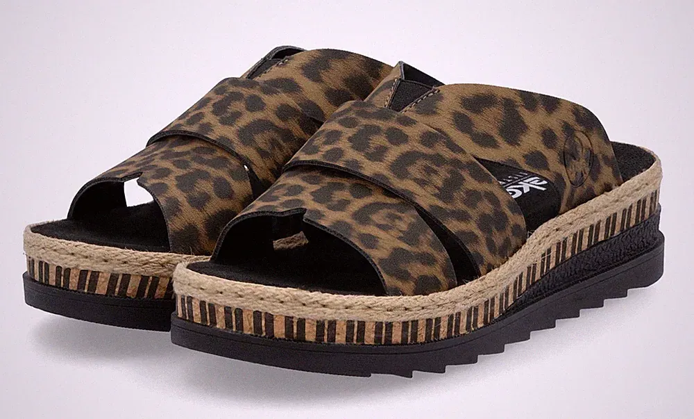 Rieker Pantolette Braun Leopard Slipper Schlappen Plateau Keil Sandale Hausschuh