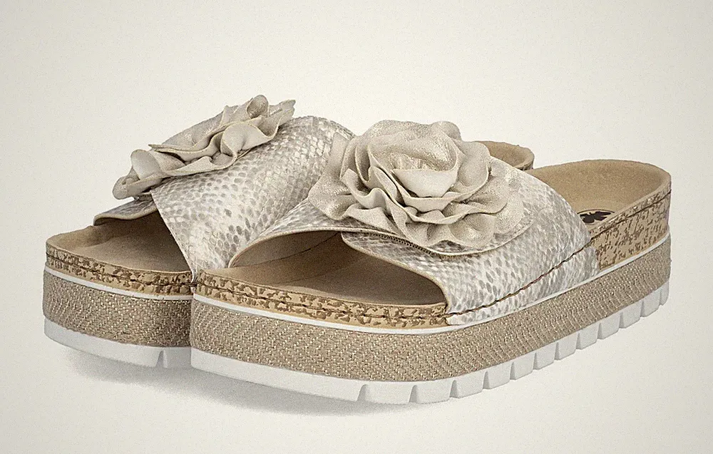 Rieker Pantolette Gold Blume Schlappen Slipper Sandale Plateau Keilabsatz