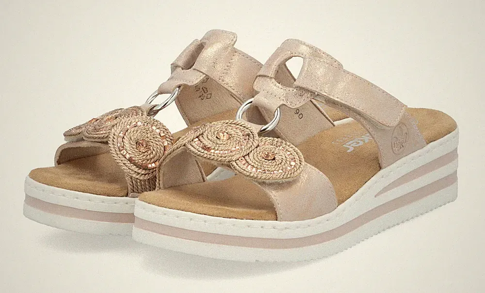 Rieker Pantolette Rosa Slipper Schlappen Plateau Keilabsatz Sandale Hausschuh