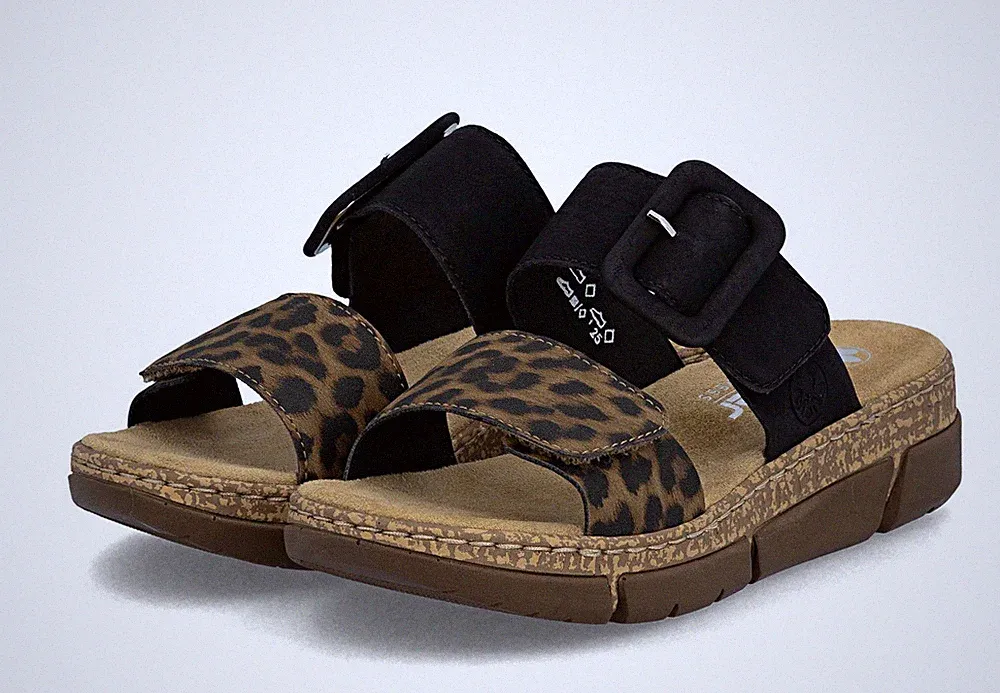 Rieker Pantolette Schwarz Leopard Schlappen Slipper Hausschuh Sandale Freizeit