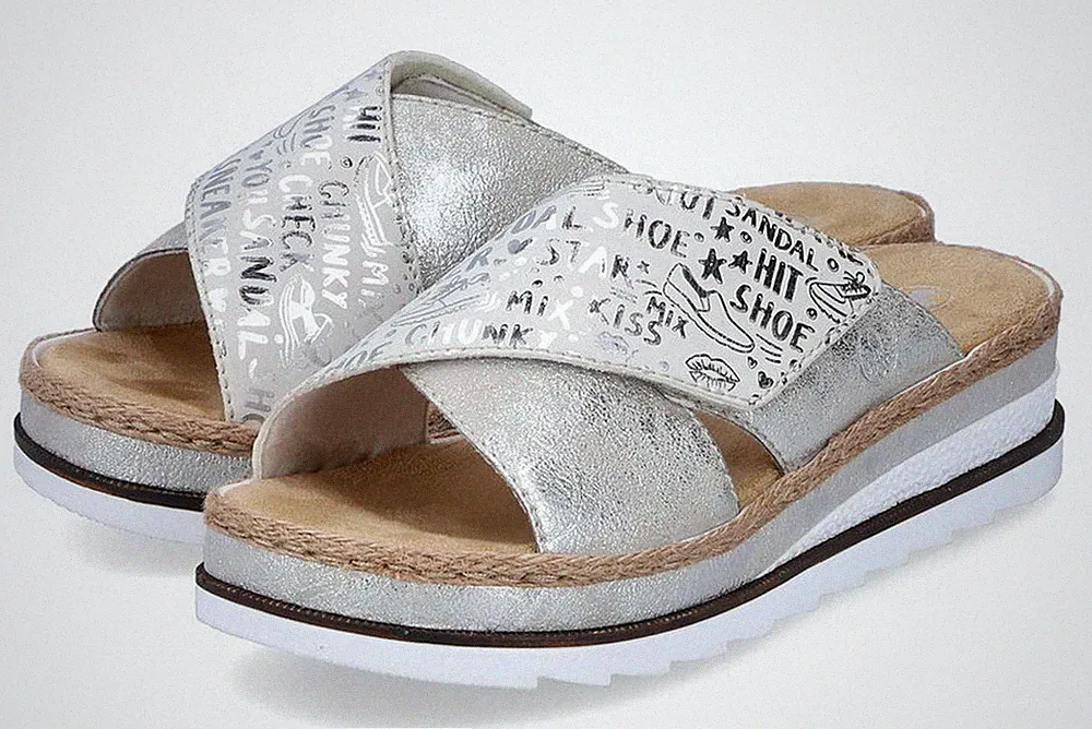 Rieker Pantolette V7979 80 Silber Slipper Schlappen Plateau Sohle Sandale
