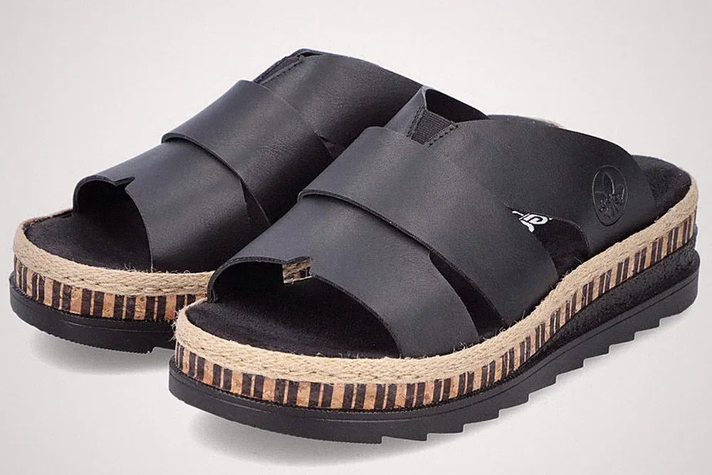 Rieker Pantolette V7989 00 Schwarz Slipper Schlappen Plateau Sohle Sandale