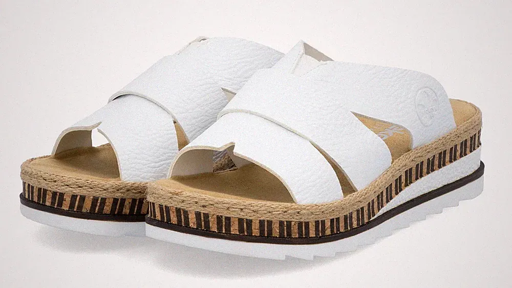 Rieker Pantolette Weiß Slipper Schlappen Plateau Keilabsatz Sandale Hausschuh