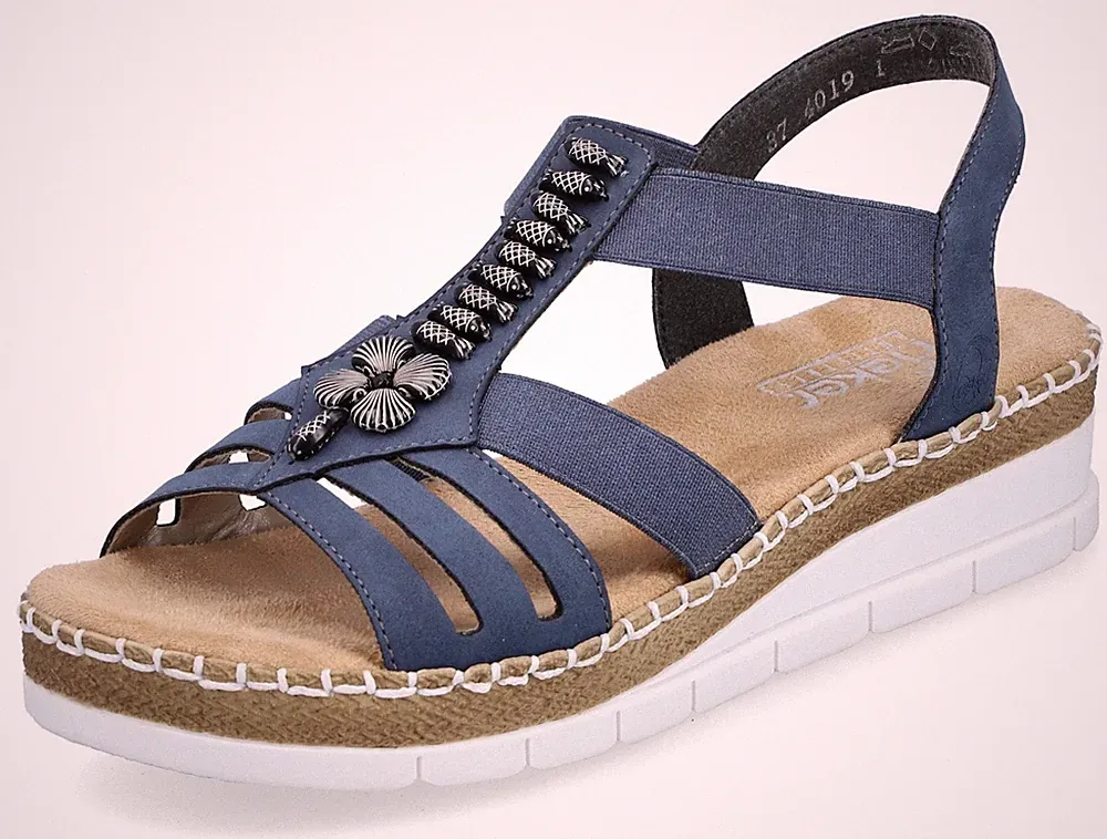 RIEKER Riemchensandale Sommerschuh, Sandalette, Keilabsatz,mit modischen Schmuck