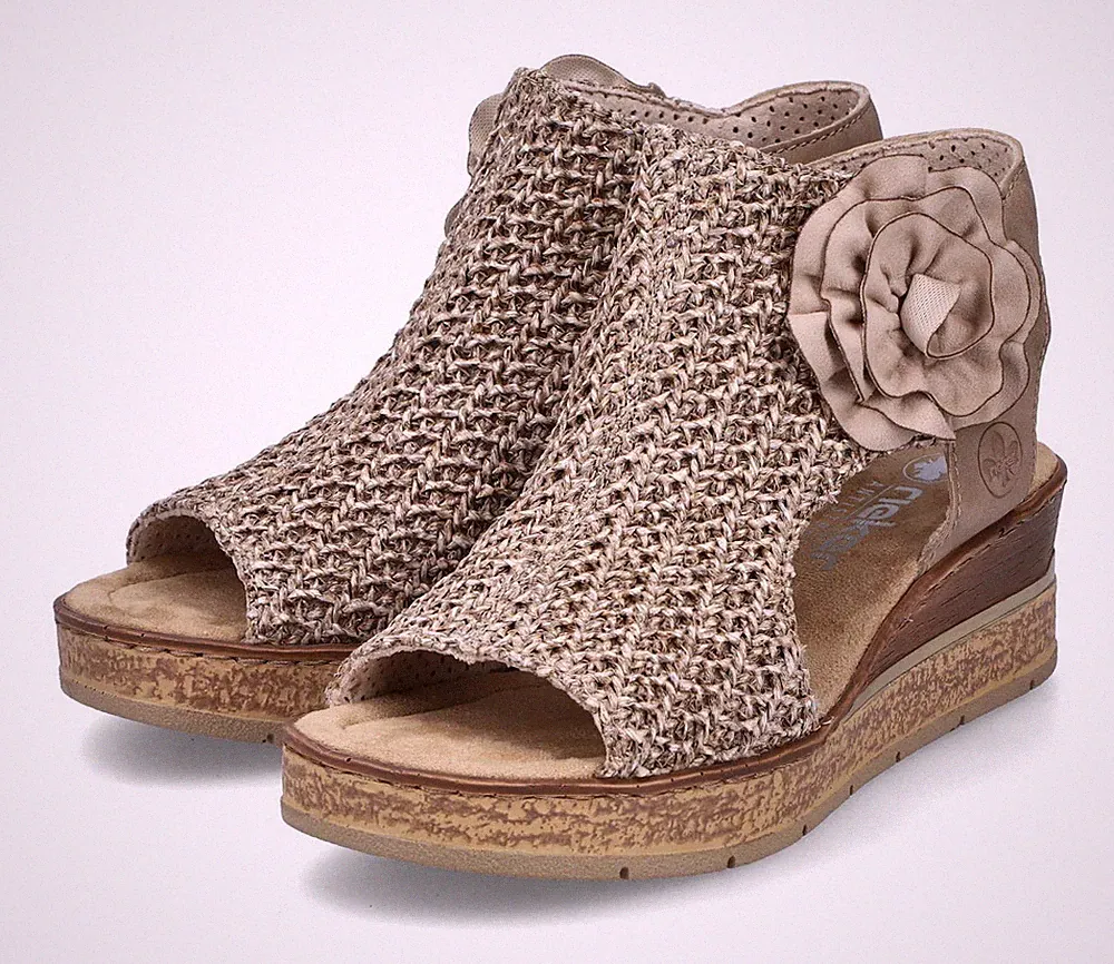 Rieker Sandale Beige Sandalette Keilsandale Klettverschluss Sommerschuh Blume