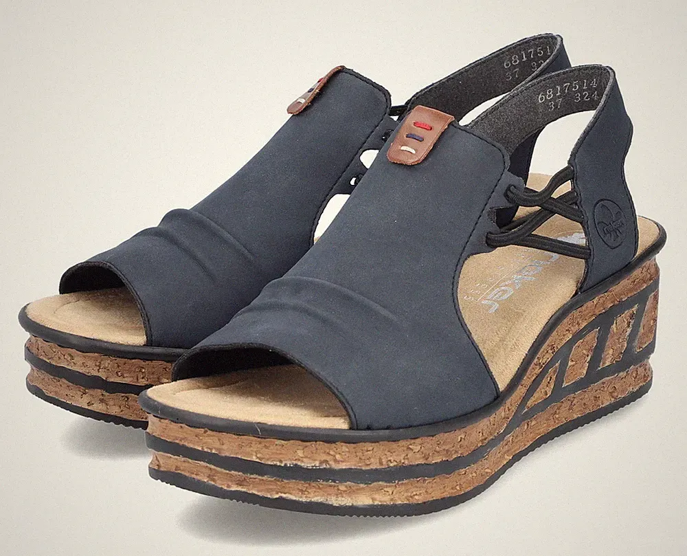 Rieker Sandale Blau Plateau Sandalette Gummizug Keilabsatz Slipper 68175-14