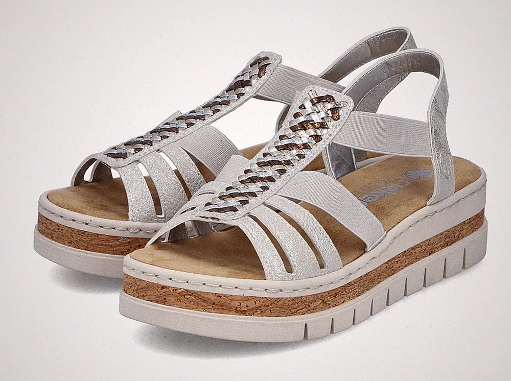 Rieker Sandale Grau Sandalette Riemchensandale Gummizug Plateau Slipper