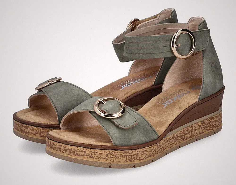 Rieker Sandale Grün Sandalette Riemchensandale Klettverschluss Keilsandale