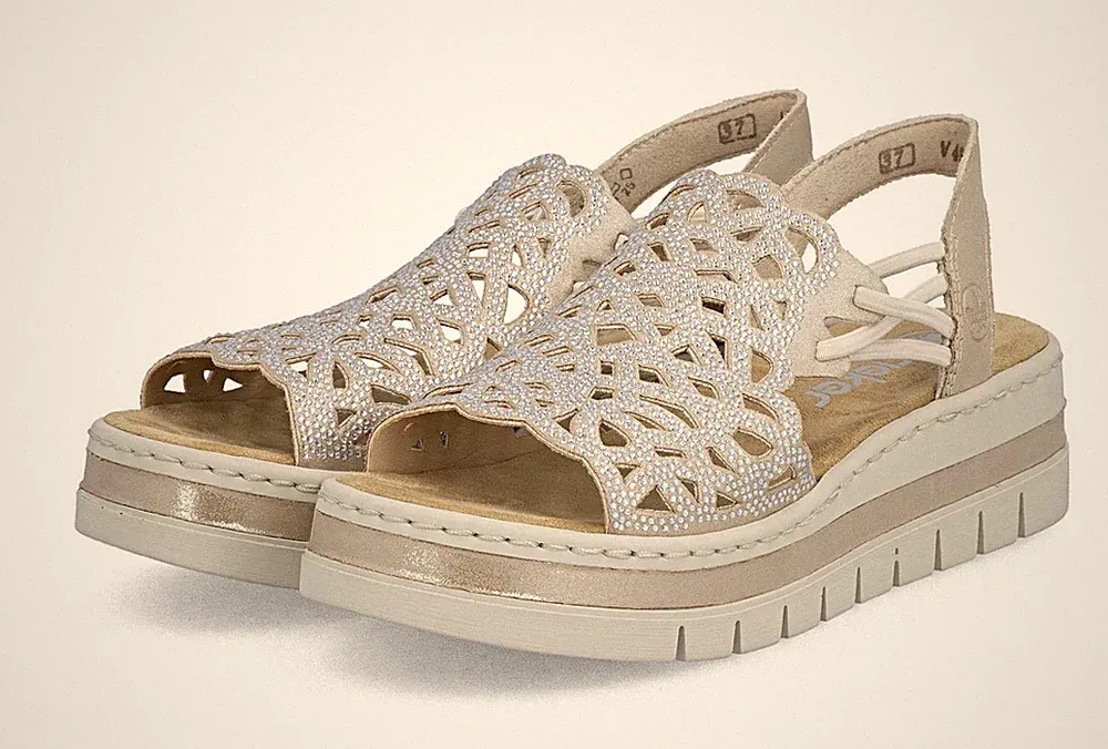 Rieker Sandale Rosa Glitzer Sandalette Riemchensandale Gummizug Slipper Plateau
