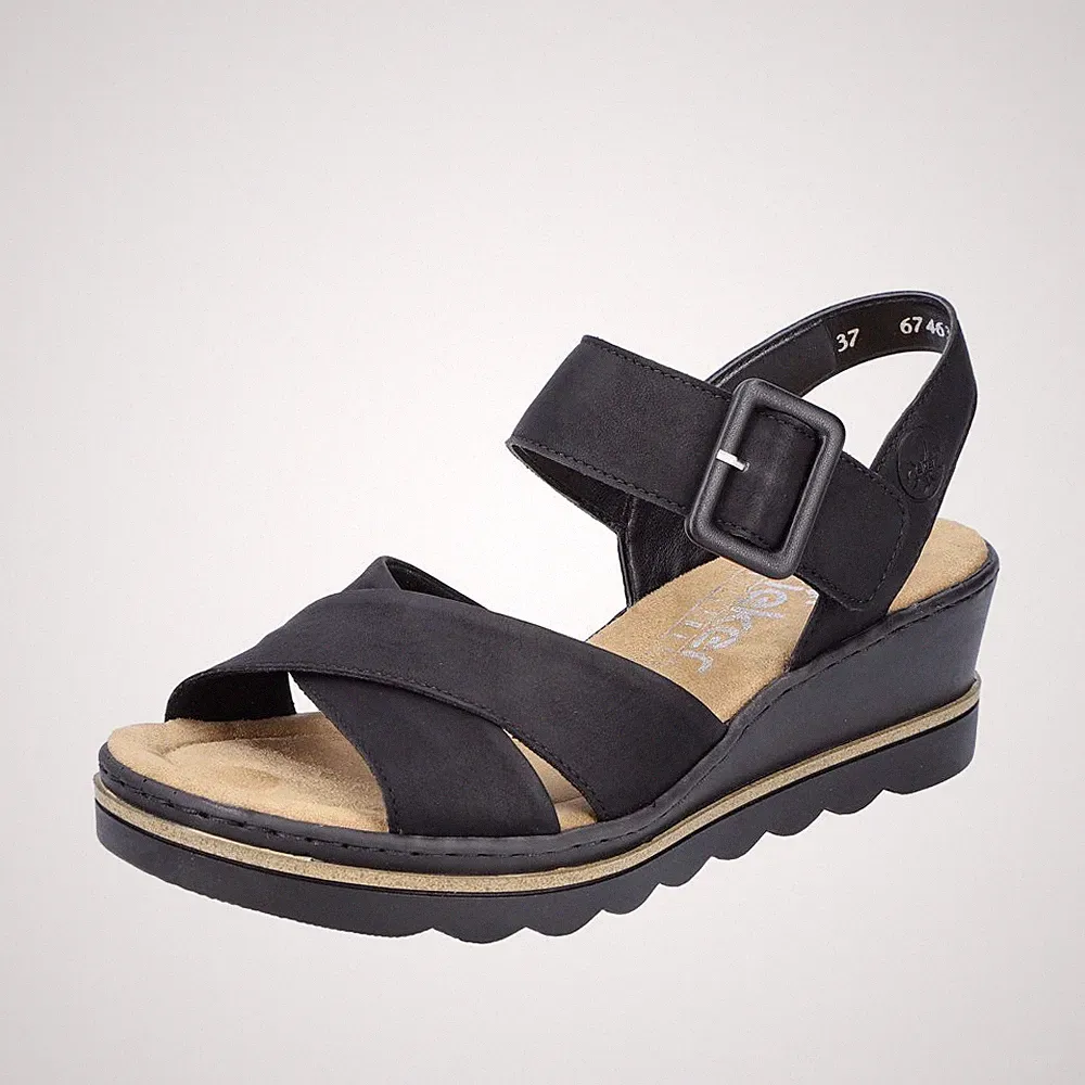 Rieker Sandale Schwarz 67463-00 Damen Schuhe Keilabsatz