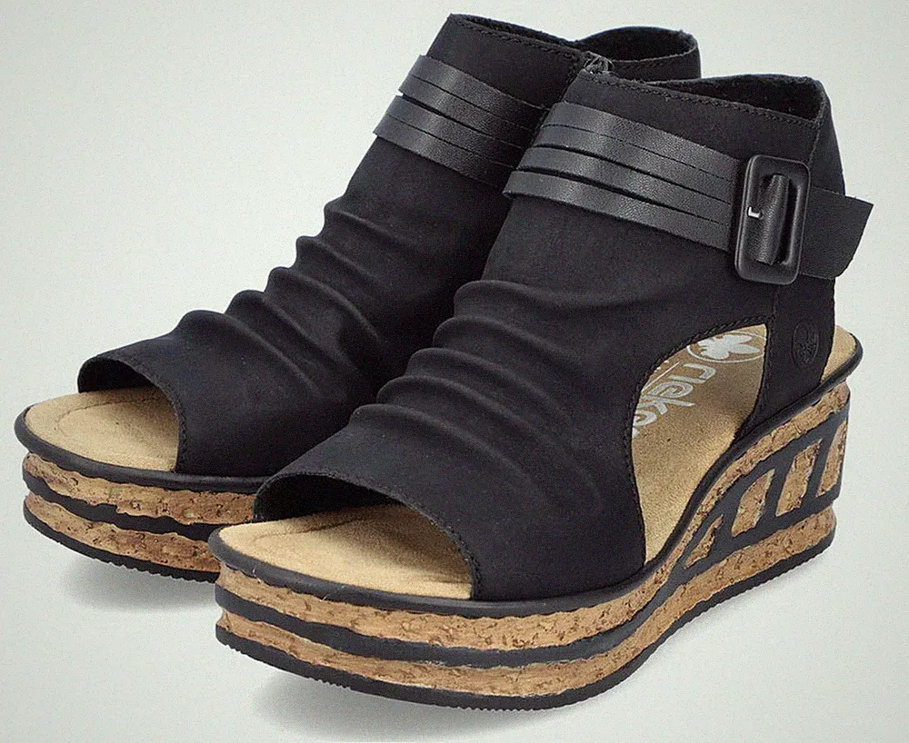Rieker Sandale Schwarz Keilsandale Plateau Sandalette Reißverschluss Schnalle