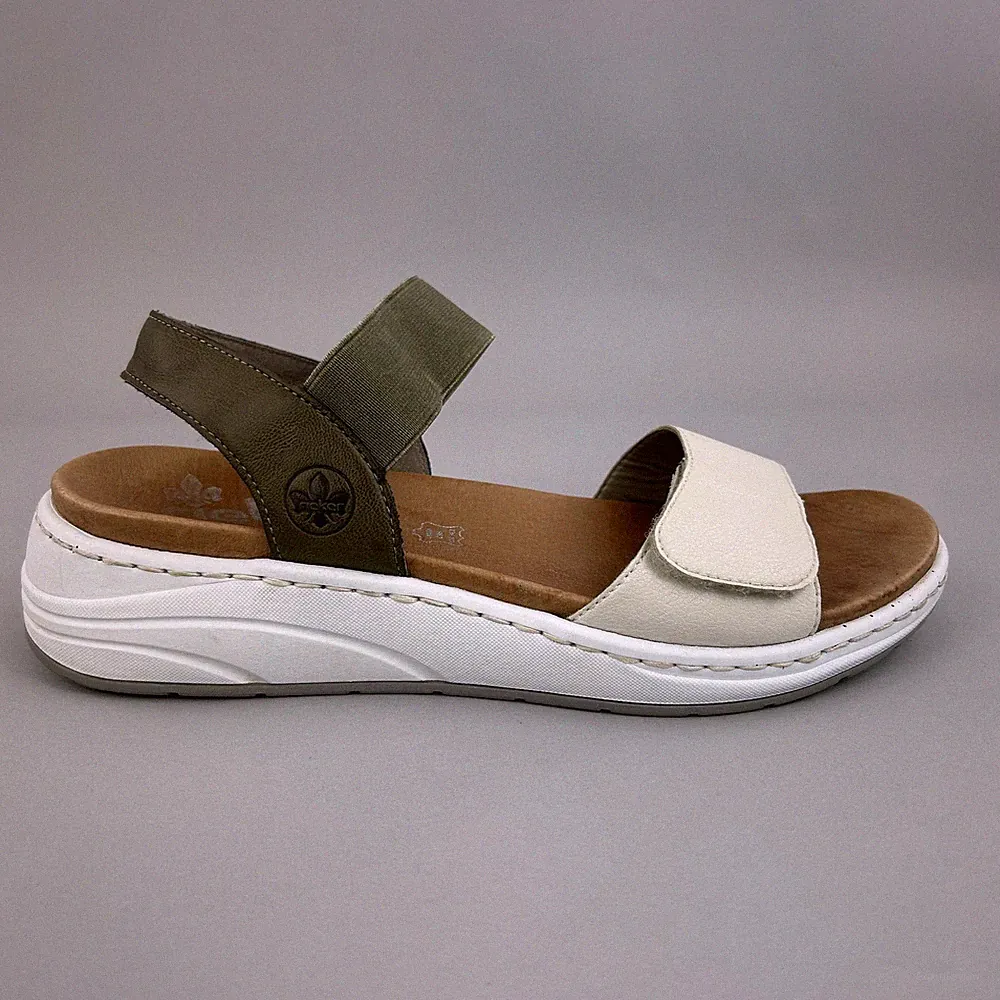 Rieker Sandalen Damen UK6 weiß beige Leder Riemchen Komfort Plateau Keilabsatz
