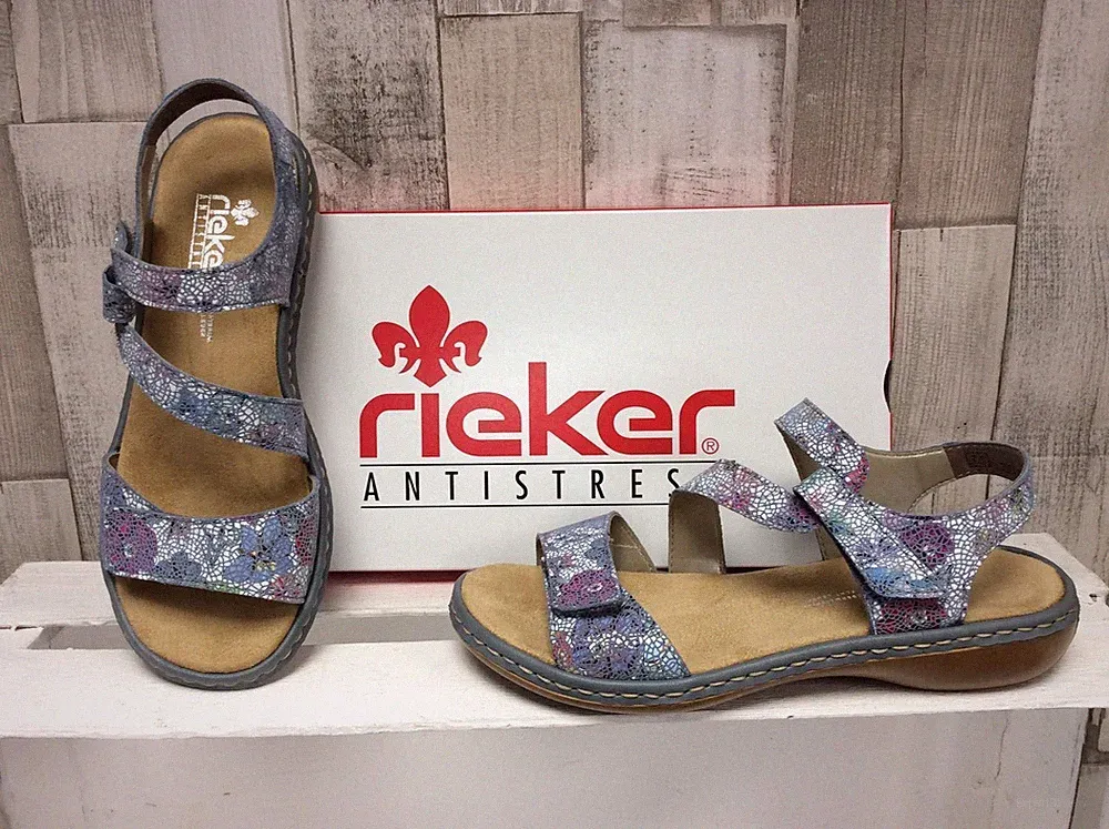Rieker Sandalen Damensandalen Sandalette Klettverschluss Klett bequem hell flach