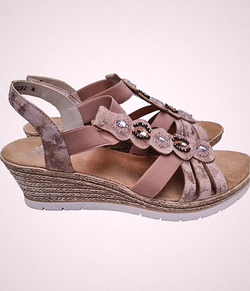 Rieker Sandalen Rose Rosa Antistress Keilabsatz Glitzer Perlen Verzierungen EU 38 NEU