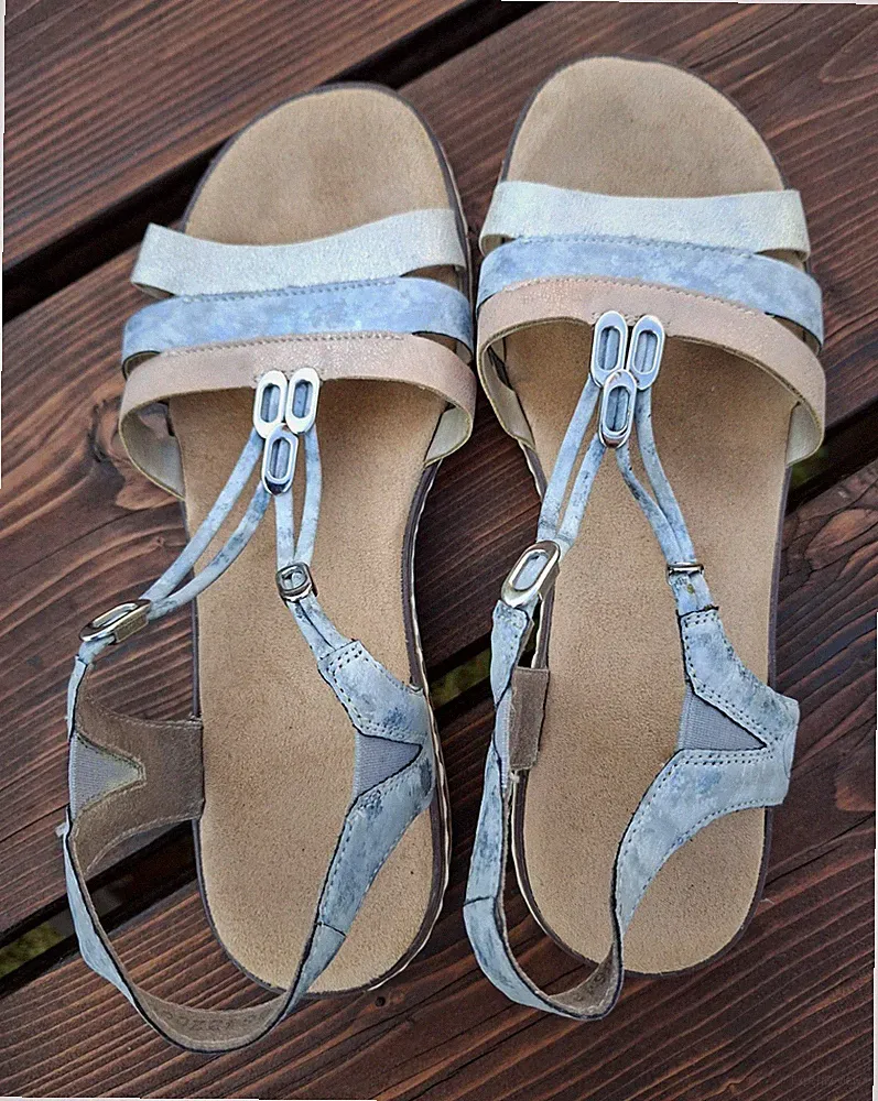 Rieker Sandaletten Damen Gr.40 Beige/Blau/Silber Kunstleder Keilabsatz