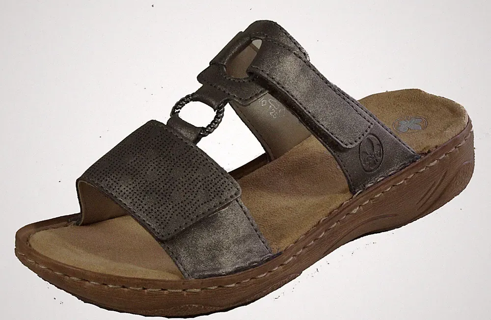 RIEKER Schuhe Pantoletten Klettverschluss grau Keilabsatz Latschen NEU MULES