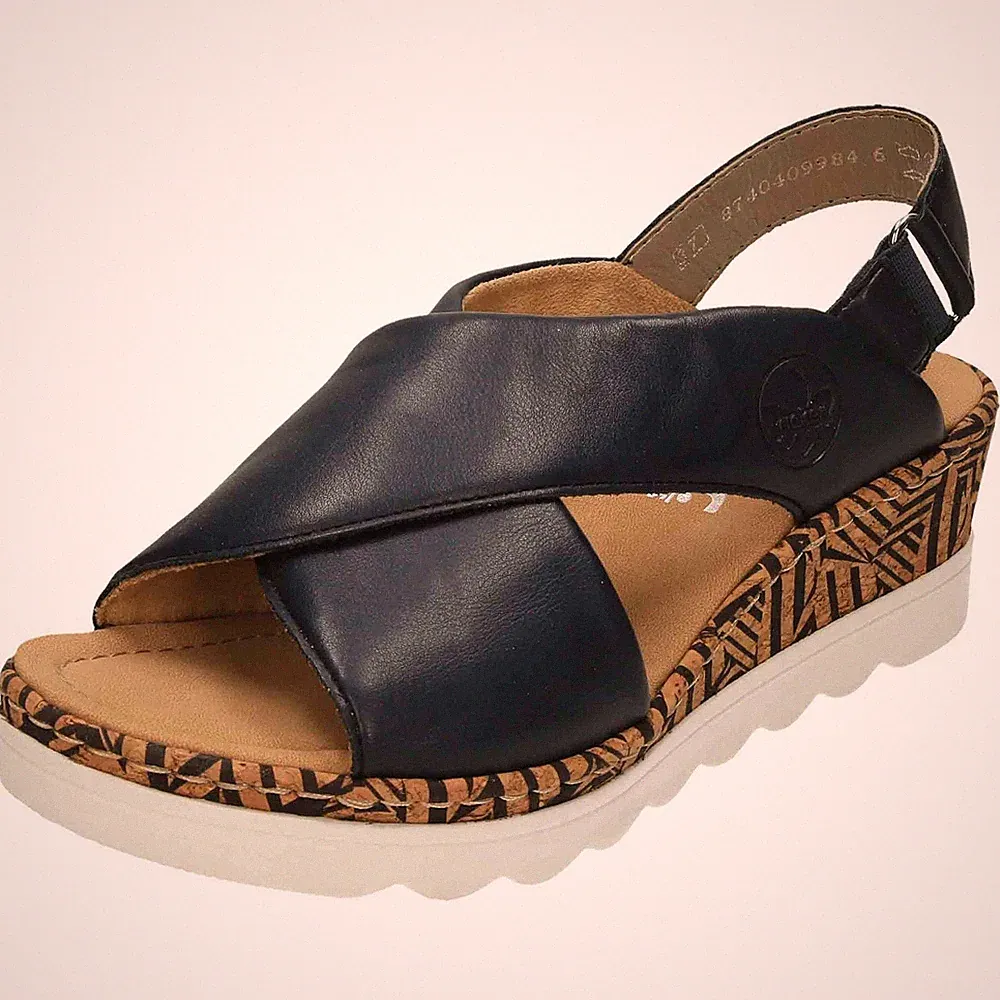 Rieker Slingback Sandalen blau 67189-14 Keilabsatz offene Zehenpartie Crossover Schuhe bequem