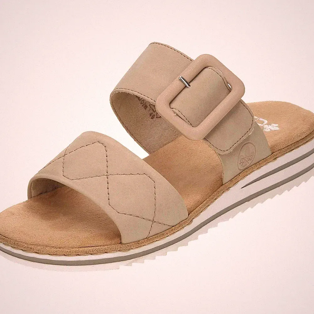 Rieker V0694-62 beige Sandalen Slipper offene Zehenpartie niedriger Keilabsatz Pantoletten bequeme Schuhe