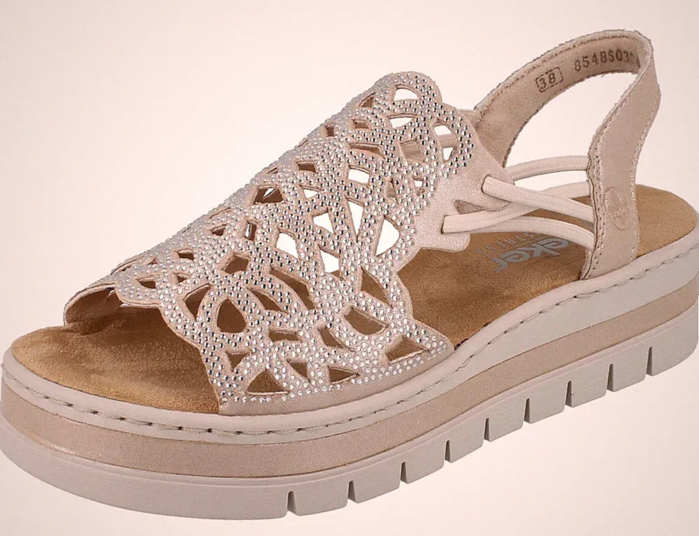 RIEKER V4941-60 Damen Plateau Sandalette beige Strasssteine Kunstleder