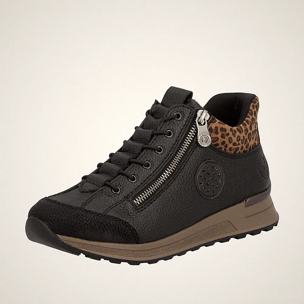 Rieker Wedge Sneaker Schwarz Braun Leo N1457-00 Damen Schuhe Keilabsatz