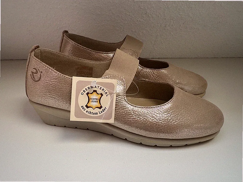 Riposella Echtleder Glitzer Beige Keilabsatz Ballerrinas Mädchen Damen Gr 35 Neu