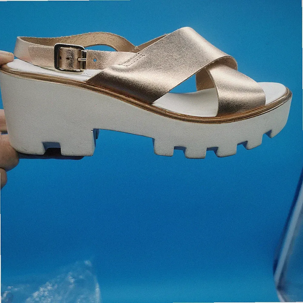 River Island Galya Gold Leather Chunky Platform Wedge Sandals UK 5 EU 38 Buckle