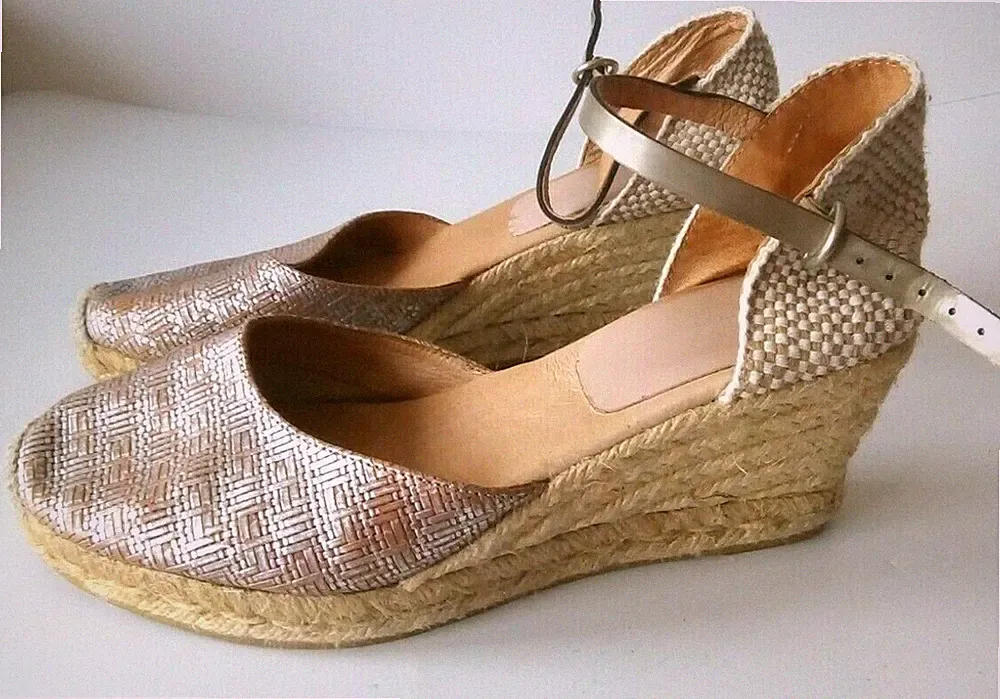 Rizzo Damen Sommer Sandalen Absatz Gr. EUR-40 Leder Mix mit Leinen/Baumwolle