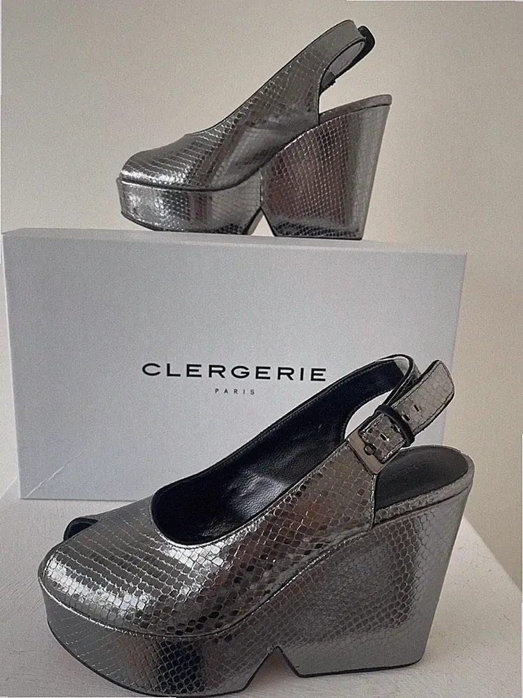 Robert Clergerie Dylans7 Peeptoe Tri Sandalen 38,5 Keilabsatz Silber Schlange 🐍