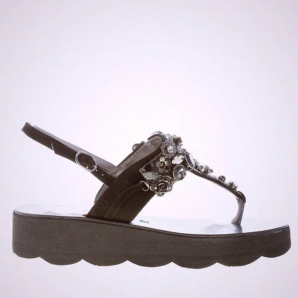 ROBERTO SERPENTINI Damenschuhe Sandale Zehentrenner Schmuck Wildleder schwarz Keilabsatz