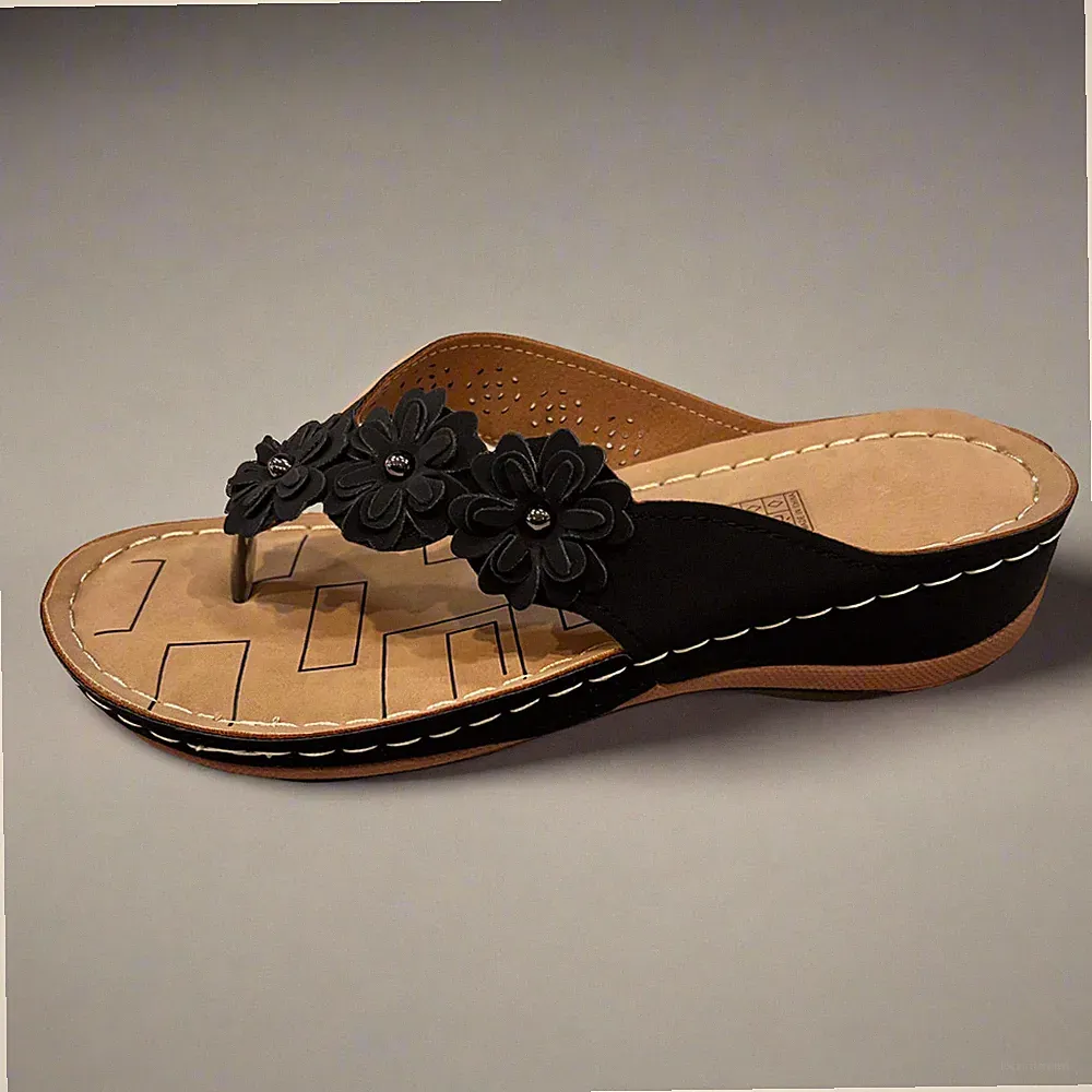 ROCKTHOSECURVES DAMEN LEICHTE KEILABSATZ SANDALEN ZEHENSTEG UND BLUMENDETAIL
