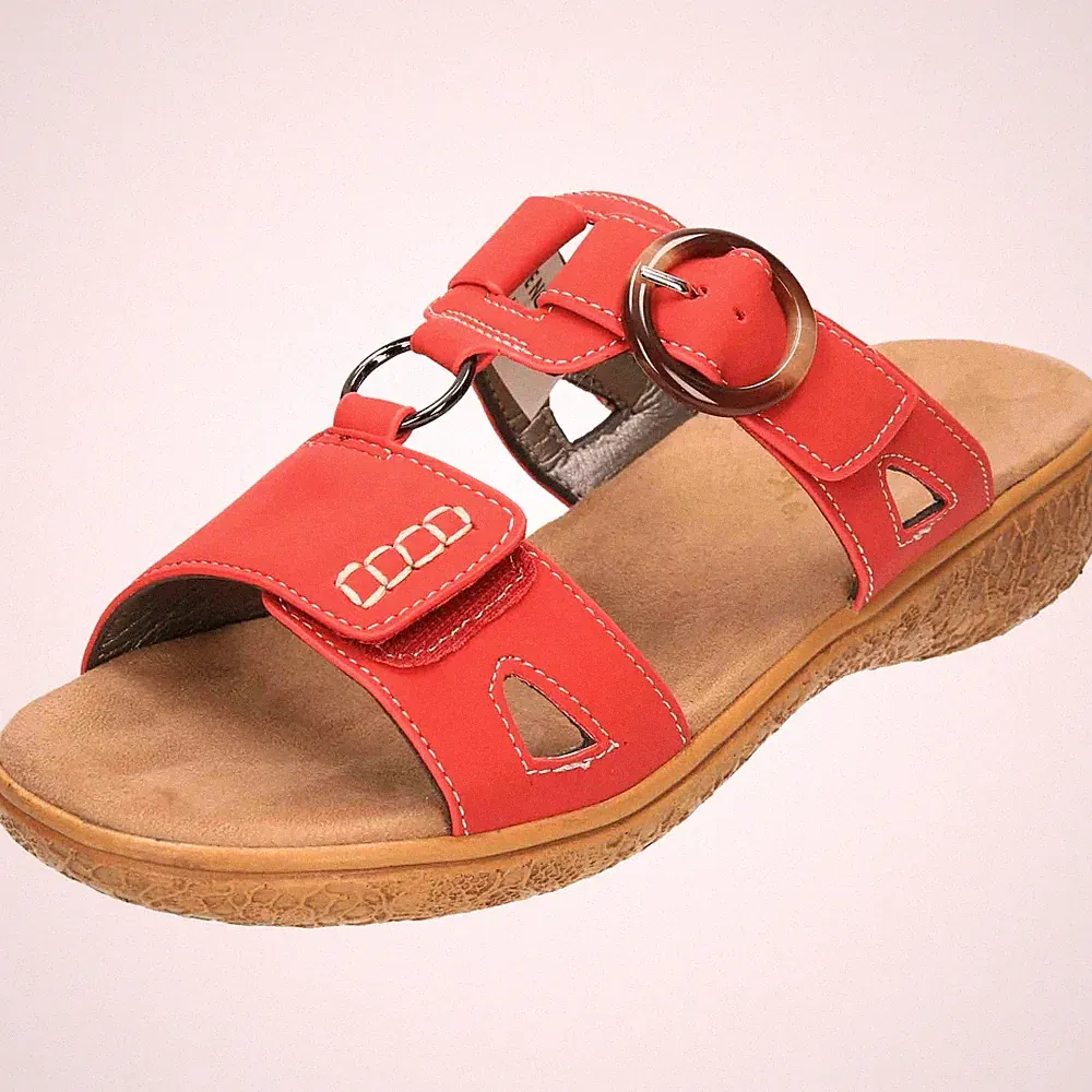 Rote Slipper Sandalen niedriger Keilabsatz Pantoletten Schuhe offene Zehenpartie bequem UK 4